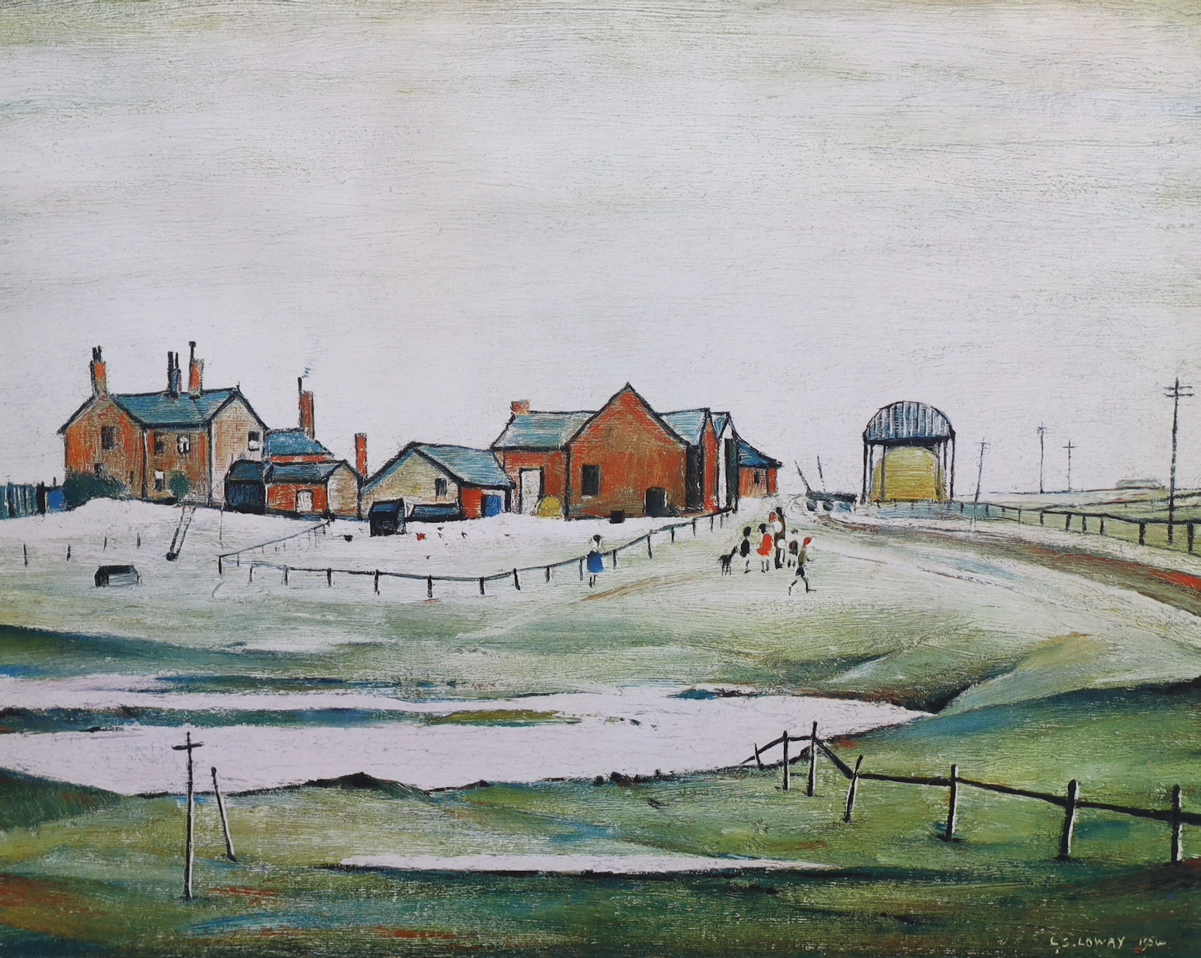 Laurence Stephen Lowry R.A. (English, 1887-1976), 'Landscape with farm buildings', offset lithograph, 40 x 50cm